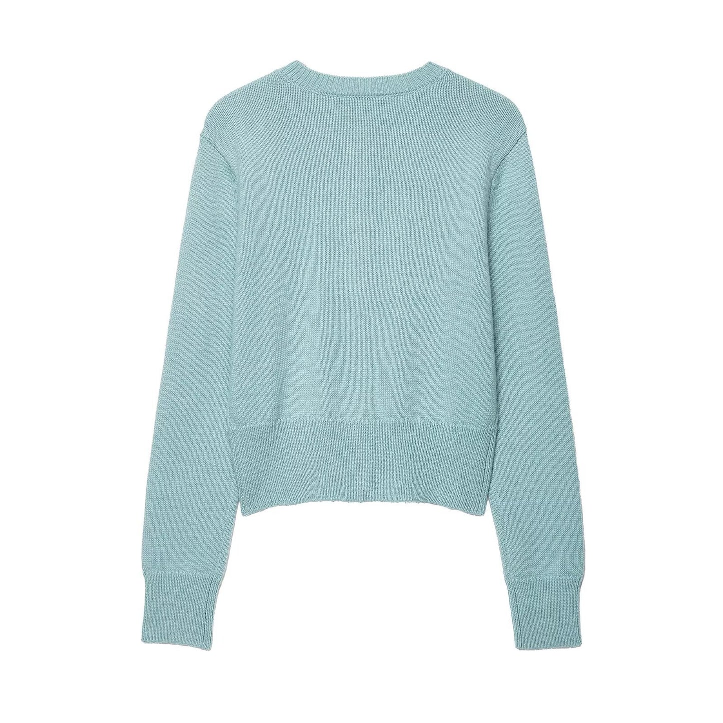 Round neck single breasted solid color knitted sweater top for women