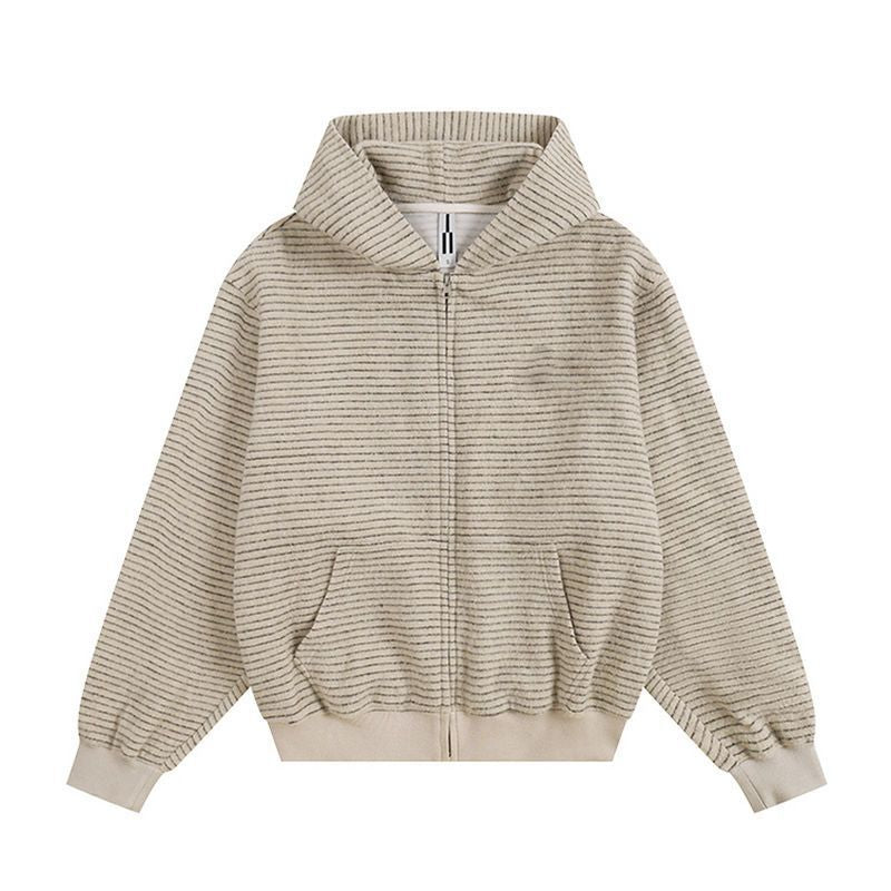 Casual Loose Stripe Hooded Cardigan Sweatshirt for Women,Relaxed Fit, Outerwear, Student Trendy Ins Look