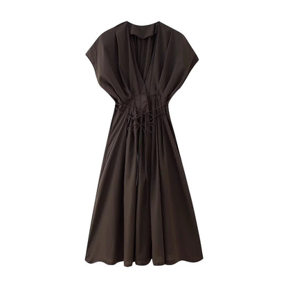 V-neck short sleeved waist cinched solid color A-line dress for women
