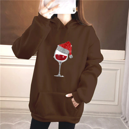 Christmas wine glass print medium long fleece hoodie