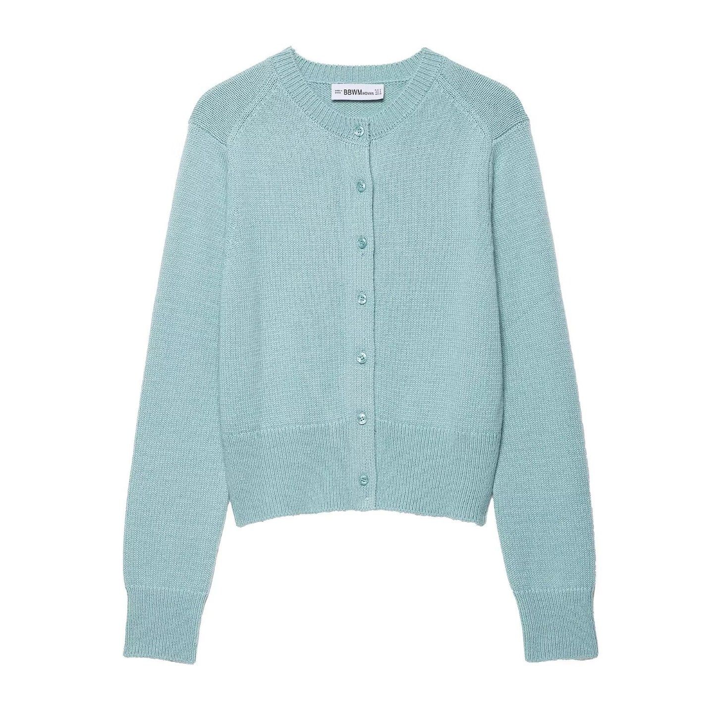 Round neck single breasted solid color knitted sweater top for women