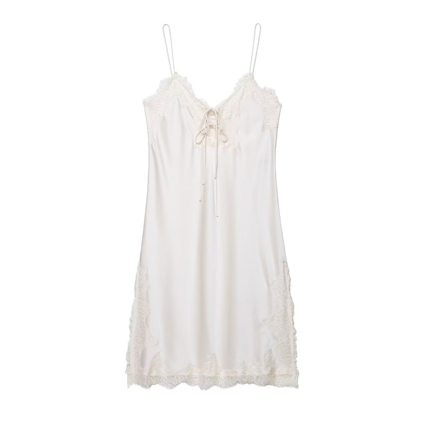 V-neck sleeveless lace up suspender white dress for women