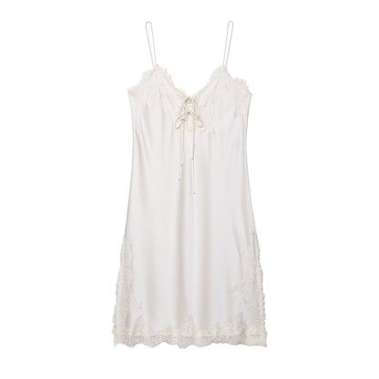 V-neck sleeveless lace up suspender white dress for women