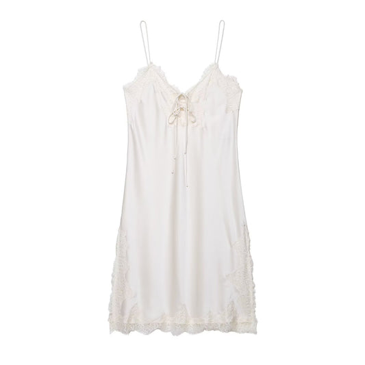 V-neck sleeveless lace up suspender white dress for women