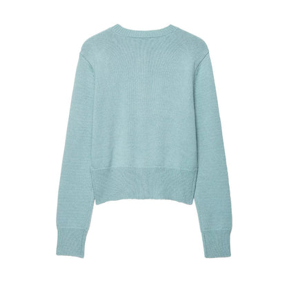 Round neck single breasted solid color knitted sweater top for women