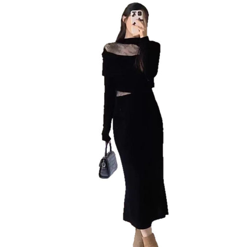 Chic Velvet Dress for Women Autumn Winter Elegant Lace Sexy Formal Black Dress