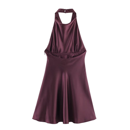 Hanging neck collar backless silk satin texture waist cinching dress for women