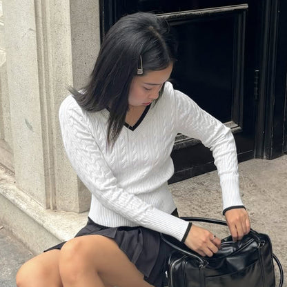 V-Neck Color Block Cable Knit Sweater Basic Top Short Length Casual Chic