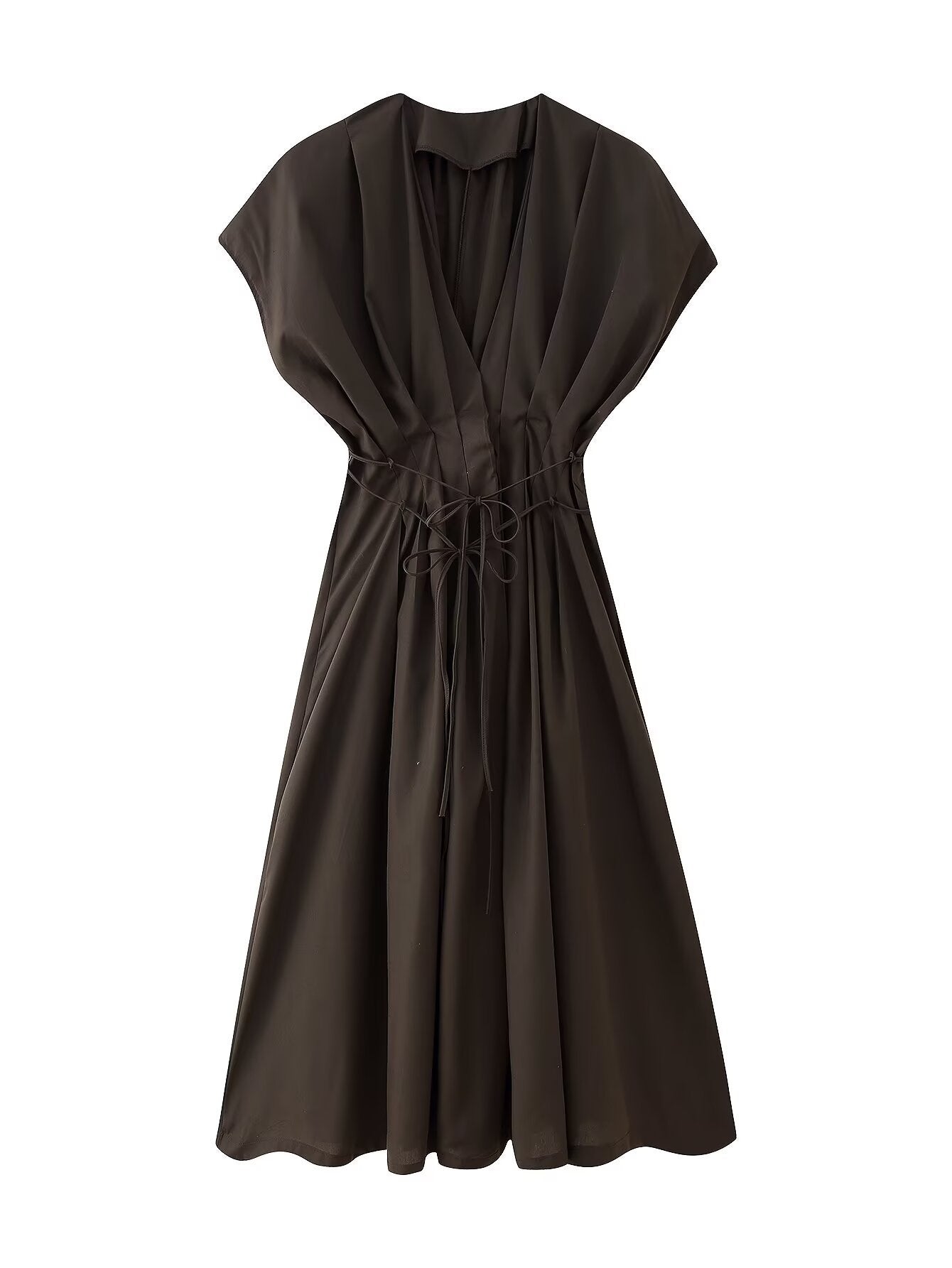 V-neck short sleeved waist cinched solid color A-line dress for women