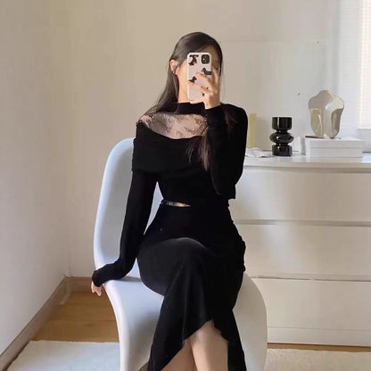 Chic Velvet Dress for Women Autumn Winter Elegant Lace Sexy Formal Black Dress