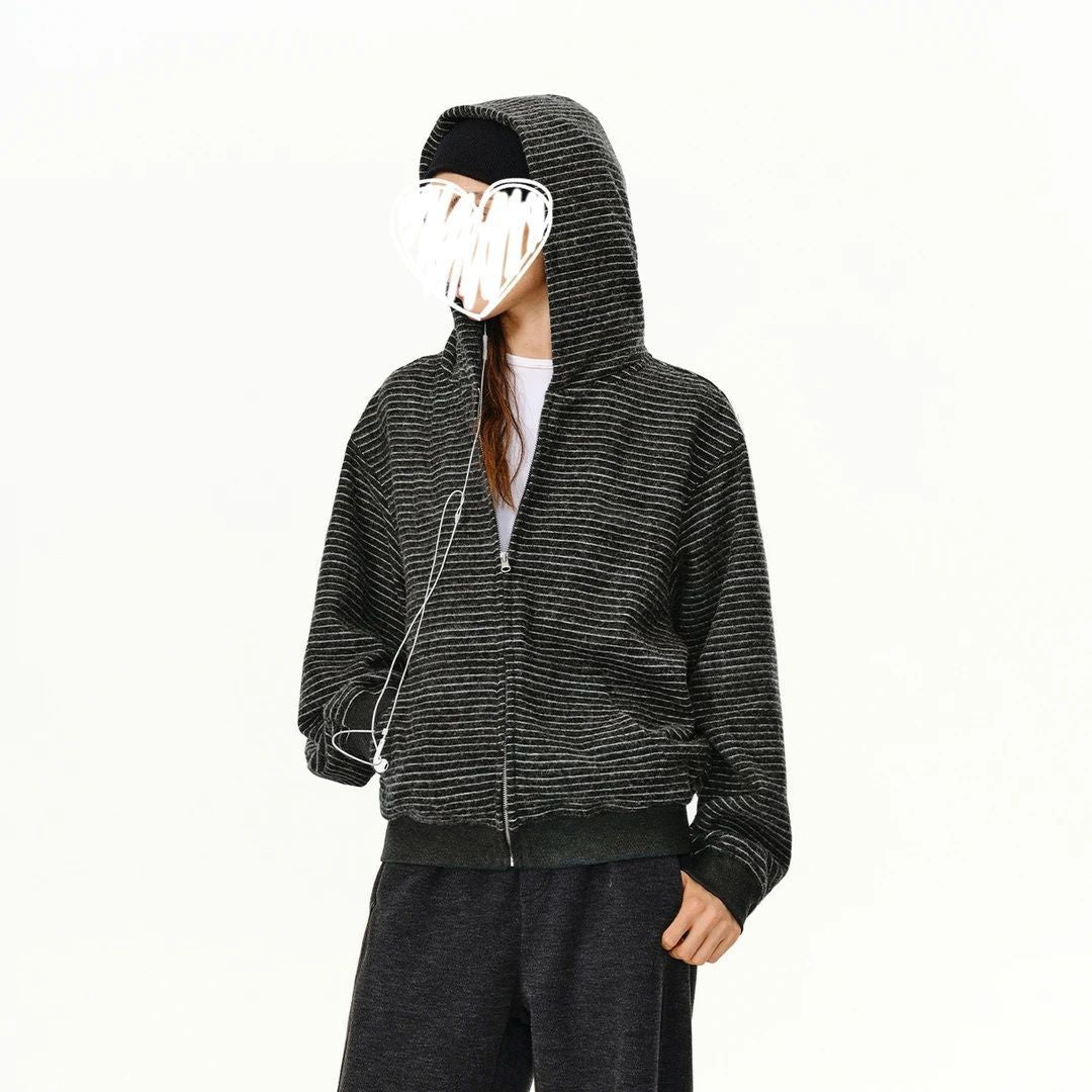 Casual Loose Stripe Hooded Cardigan Sweatshirt for Women,Relaxed Fit, Outerwear, Student Trendy Ins Look