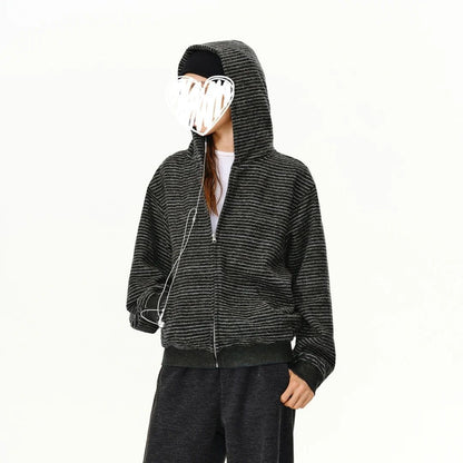 Casual Loose Stripe Hooded Cardigan Sweatshirt for Women,Relaxed Fit, Outerwear, Student Trendy Ins Look