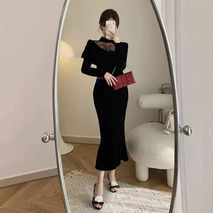 Chic Velvet Dress for Women Autumn Winter Elegant Lace Sexy Formal Black Dress