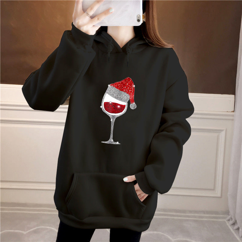 Christmas wine glass print medium long fleece hoodie
