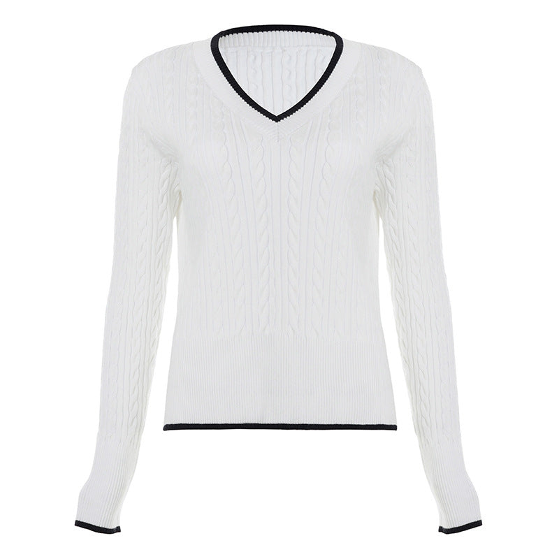 V-Neck Color Block Cable Knit Sweater Basic Top Short Length Casual Chic
