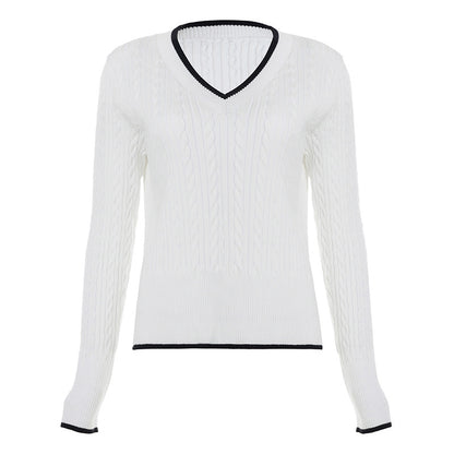 V-Neck Color Block Cable Knit Sweater Basic Top Short Length Casual Chic