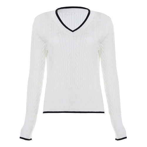 V-Neck Color Block Cable Knit Sweater Basic Top Short Length Casual Chic