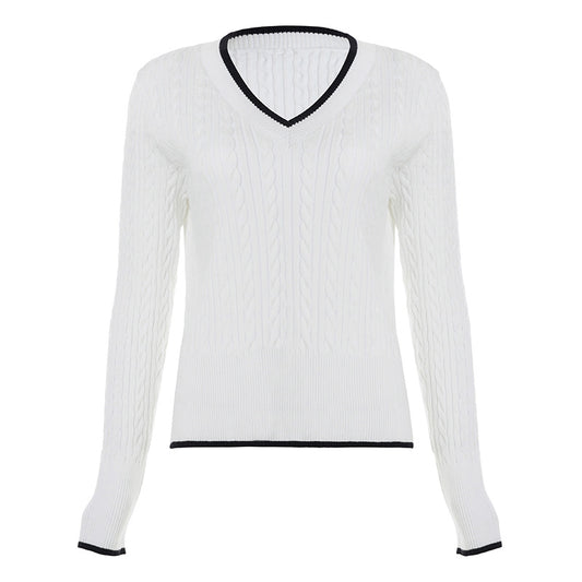 V-Neck Color Block Cable Knit Sweater Basic Top Short Length Casual Chic