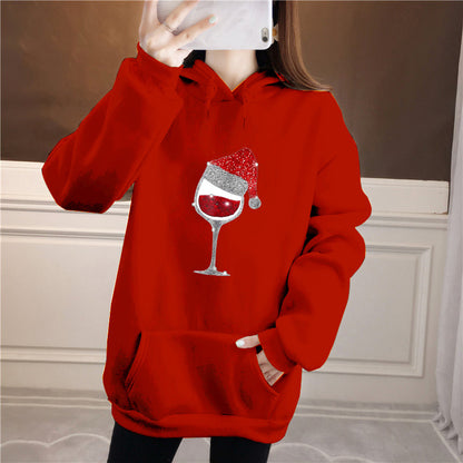 Christmas wine glass print medium long fleece hoodie