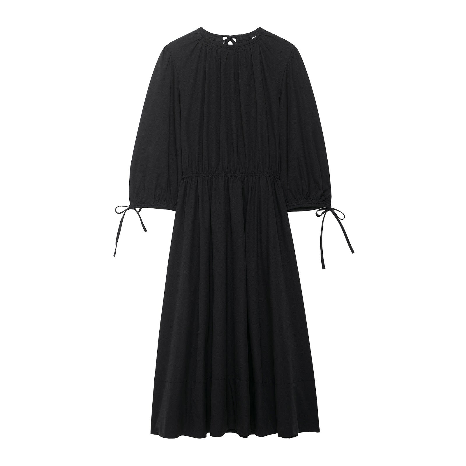 Round neck cuffs tied with black waist cinching dress for women