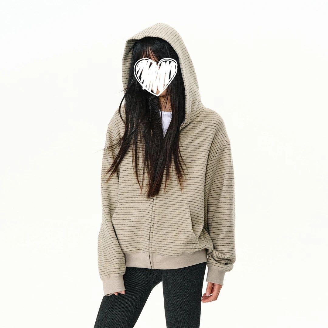 Casual Loose Stripe Hooded Cardigan Sweatshirt for Women,Relaxed Fit, Outerwear, Student Trendy Ins Look