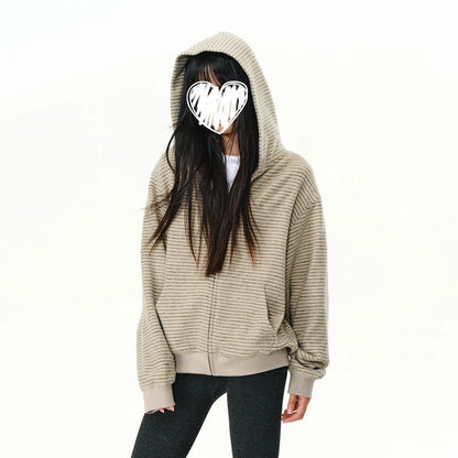 Casual Loose Stripe Hooded Cardigan Sweatshirt for Women,Relaxed Fit, Outerwear, Student Trendy Ins Look