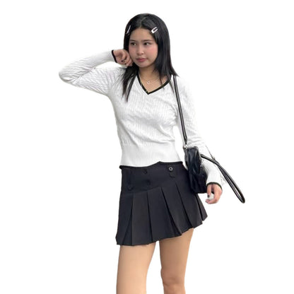 V-Neck Color Block Cable Knit Sweater Basic Top Short Length Casual Chic