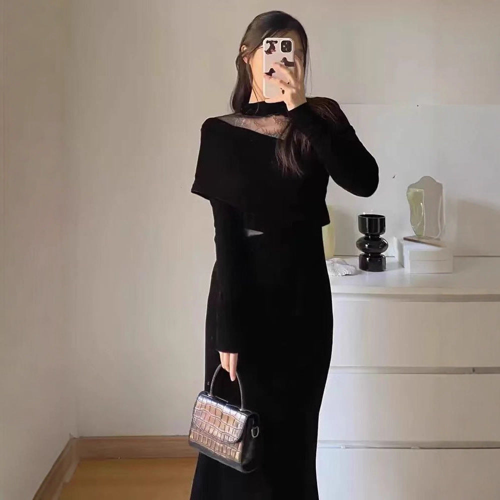 Chic Velvet Dress for Women Autumn Winter Elegant Lace Sexy Formal Black Dress