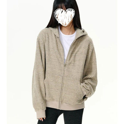 Casual Loose Stripe Hooded Cardigan Sweatshirt for Women,Relaxed Fit, Outerwear, Student Trendy Ins Look