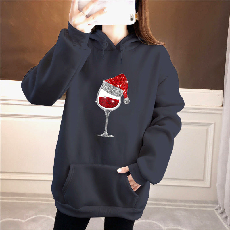 Christmas wine glass print medium long fleece hoodie