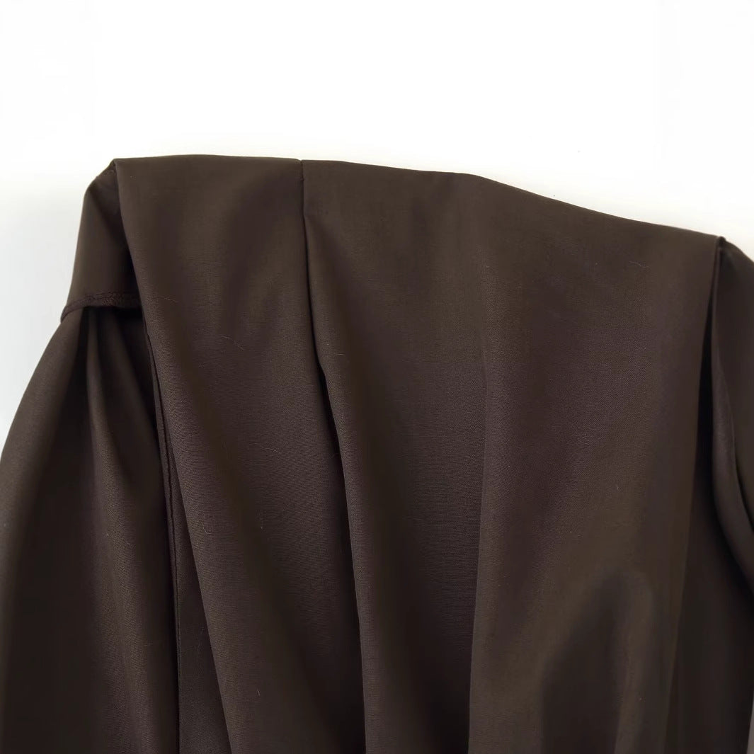 V-neck short sleeved waist cinched solid color A-line dress for women