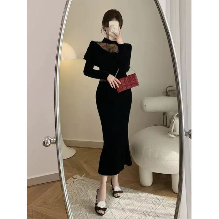 Chic Velvet Dress for Women Autumn Winter Elegant Lace Sexy Formal Black Dress