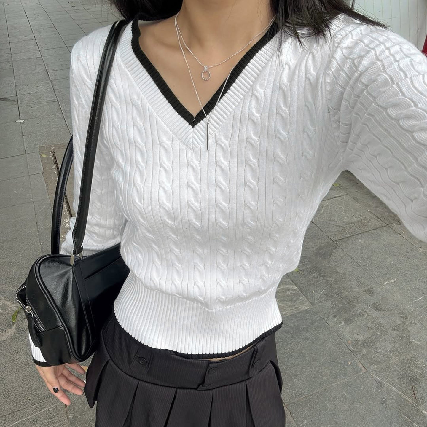 V-Neck Color Block Cable Knit Sweater Basic Top Short Length Casual Chic