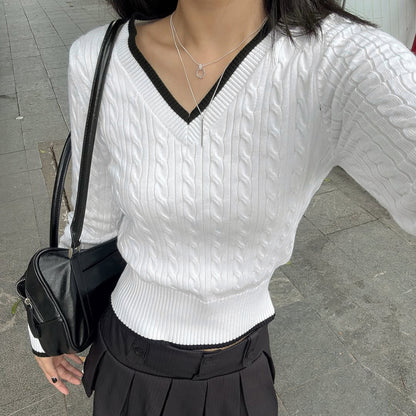 V-Neck Color Block Cable Knit Sweater Basic Top Short Length Casual Chic
