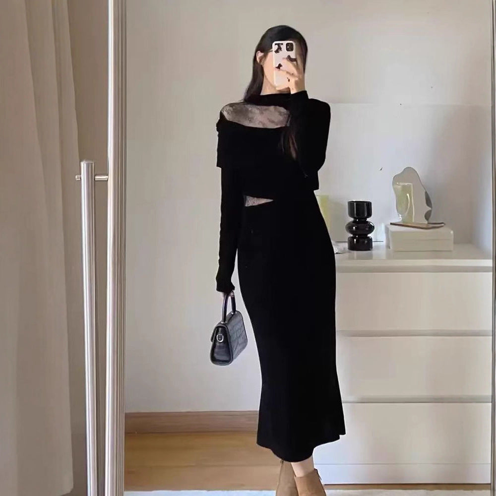 Chic Velvet Dress for Women Autumn Winter Elegant Lace Sexy Formal Black Dress