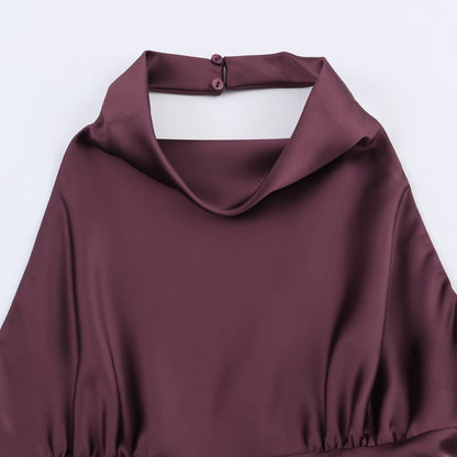 Hanging neck collar backless silk satin texture waist cinching dress for women